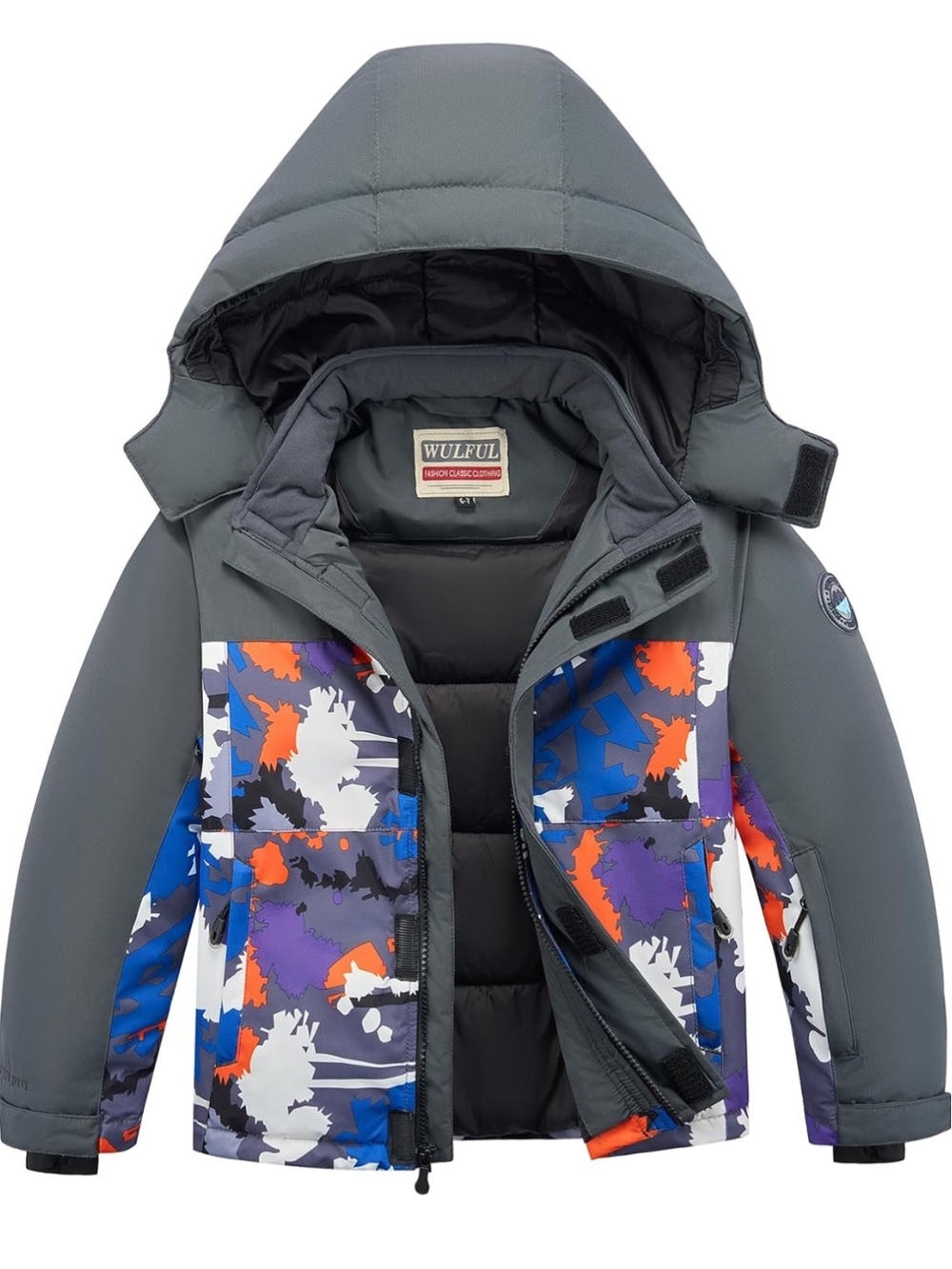 Kids' Hooded Winter Jacket - Gray with Multicolor Camo Panels